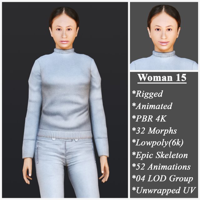 Woman 15 With 52 Animations 32 Morphs 3D 모델 .c4d .max .obj .3ds .fbx .stl .blend 