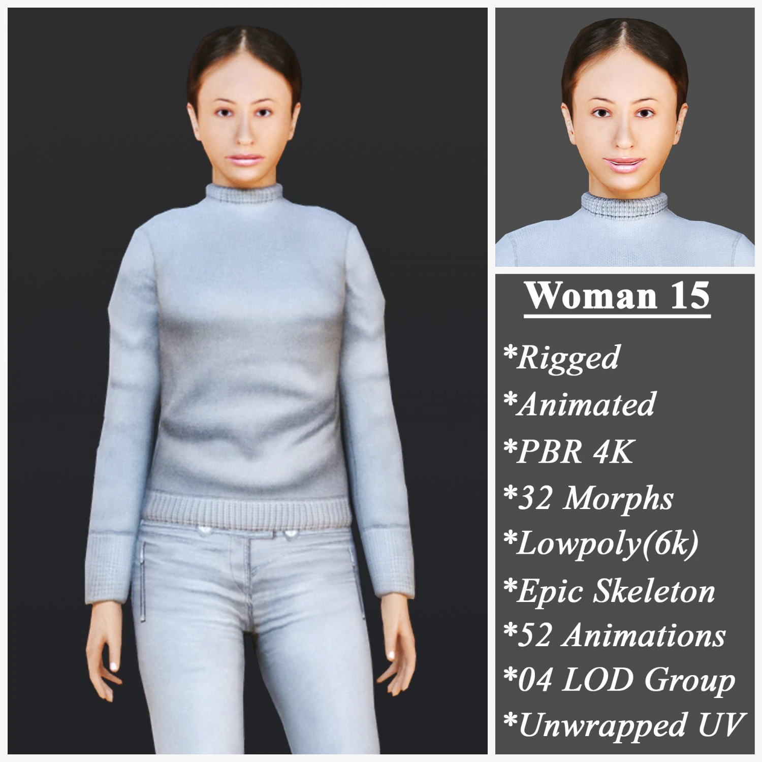 Woman 15 With 52 Animations 32 Morphs 3D Model .c4d .max .obj .3ds .fbx .stl .blend 