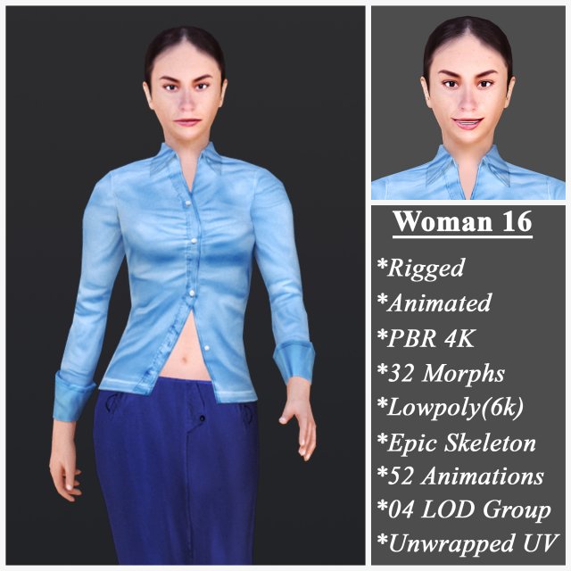Woman 16 With 52 Animations 32 Morphs 3D Модель .c4d .max .obj .3ds .fbx .stl .blend 