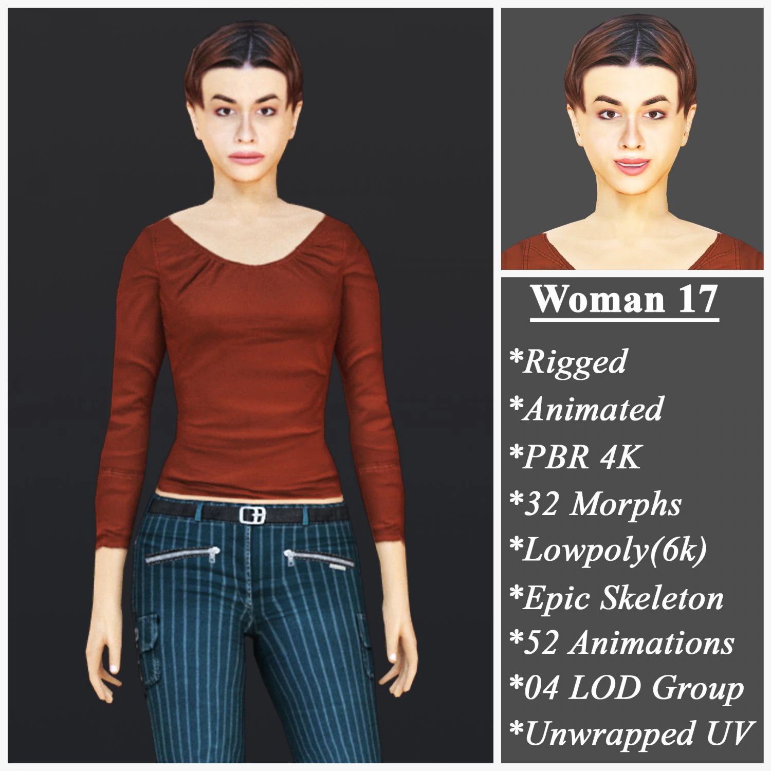 Woman 17 With 52 Animations 32 Morphs 3D Model .c4d .max .obj .3ds .fbx .stl .blend 