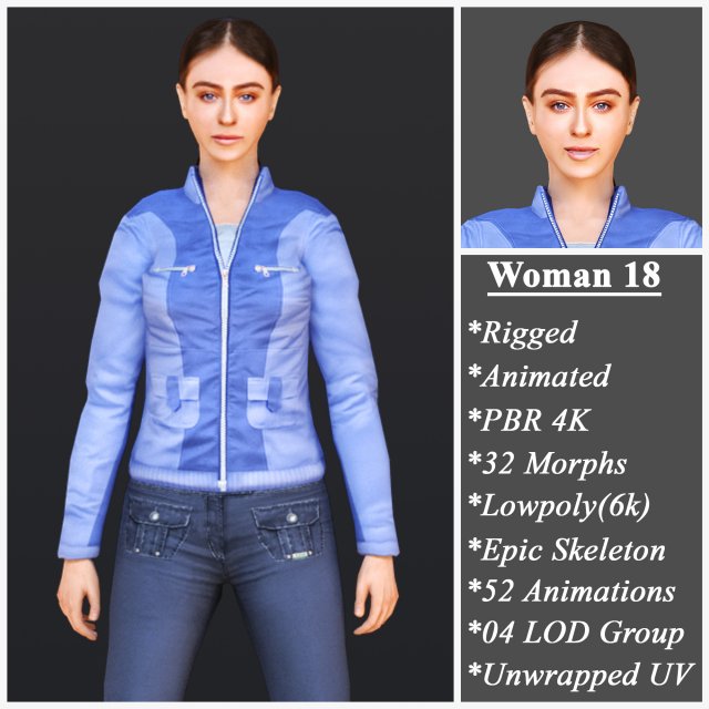 Woman 18 With 52 Animations 32 Morphs 3D Model .c4d .max .obj .3ds .fbx .stl .blend 
