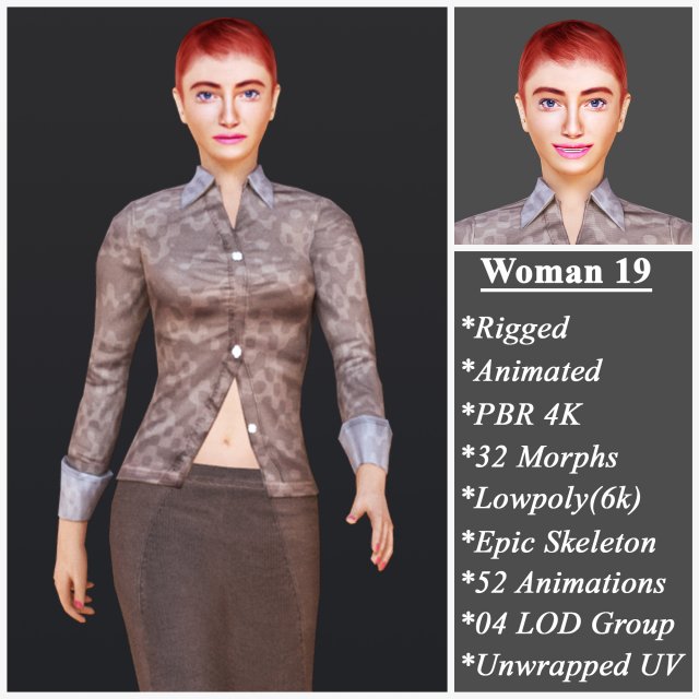 Woman 19 With 52 Animations 32 Morphs 3D Model .c4d .max .obj .3ds .fbx .stl .blend 