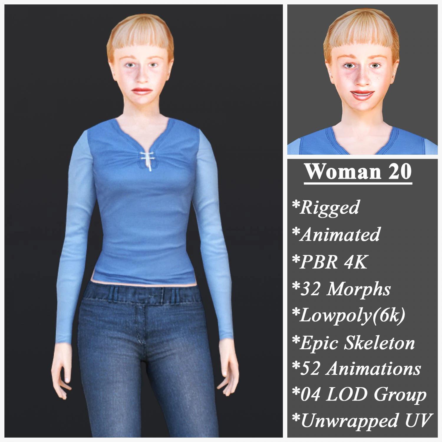 Woman 20 With 52 Animations 32 Morphs 3D Model .c4d .max .obj .3ds .fbx .stl .blend