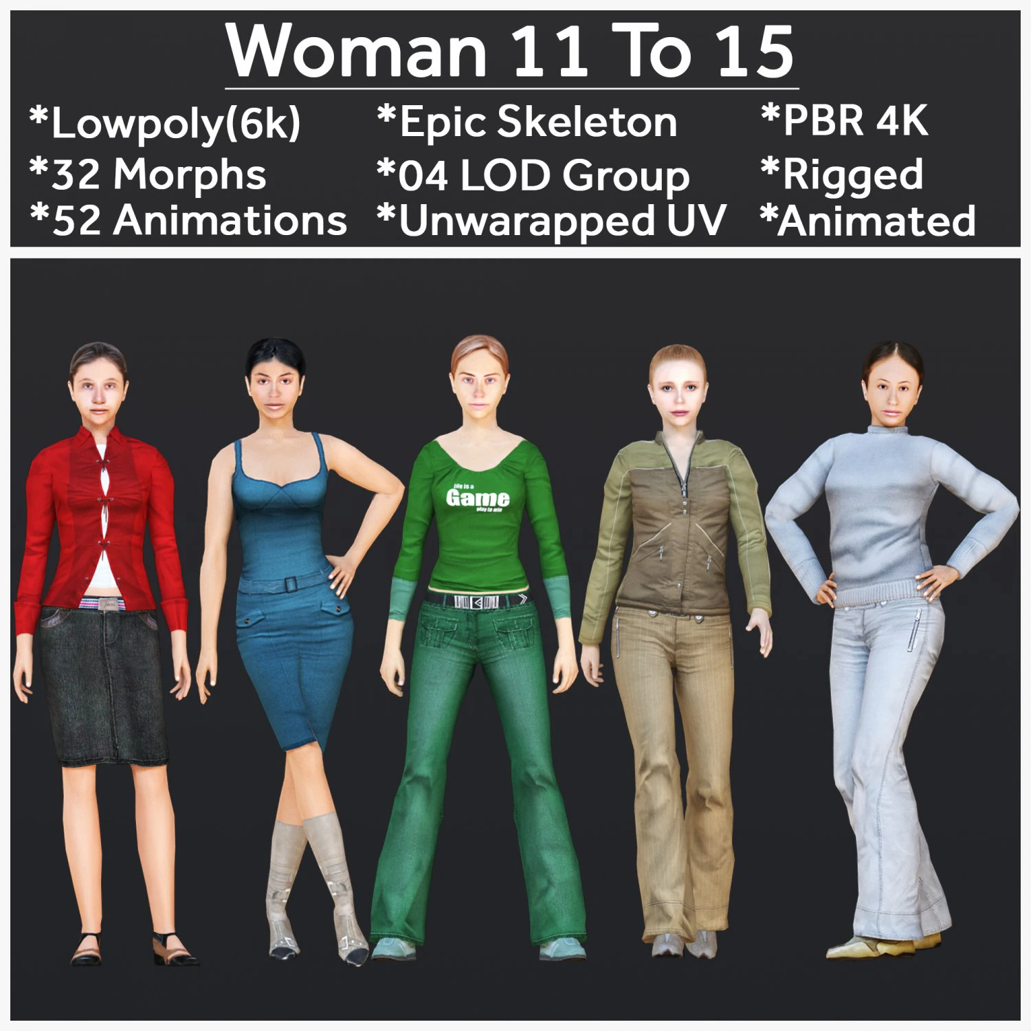 Woman 11 To 15 With 52 Animations 32 Morphs 3D Model .c4d .max .obj .3ds .fbx .stl .blend 