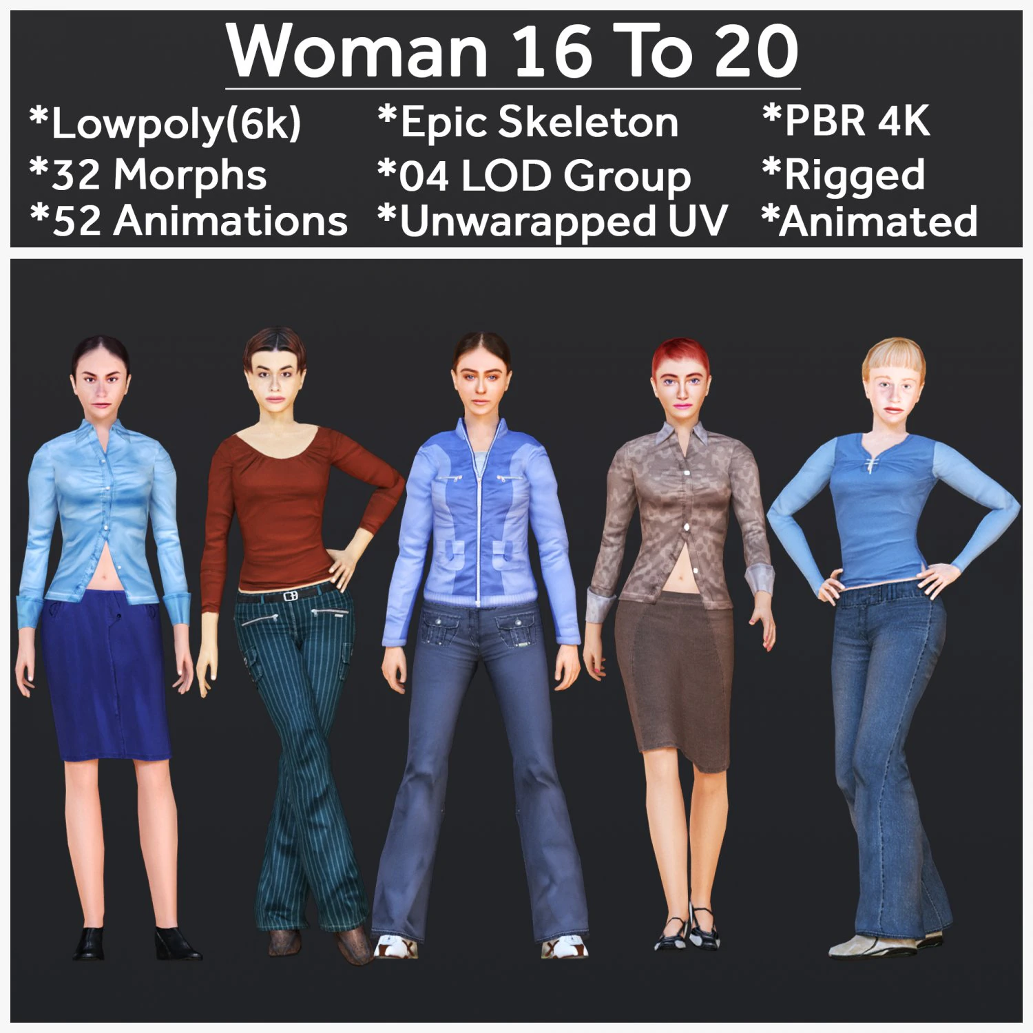 Woman 16 To 20 With 52 Animations 32 Morphs 3D Model .c4d .max .obj .3ds .fbx .stl .blend 