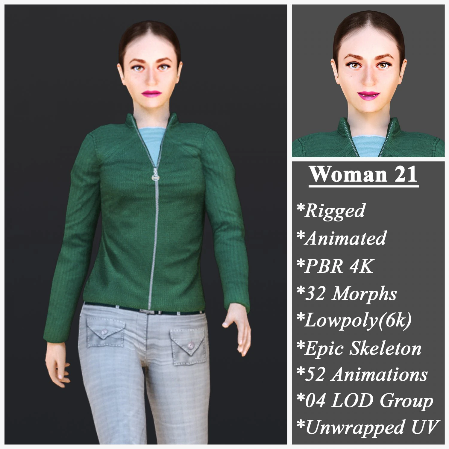 Woman 21 With 52 Animations 32 Morphs 3D Model .c4d .max .obj .3ds .fbx .stl .blend 
