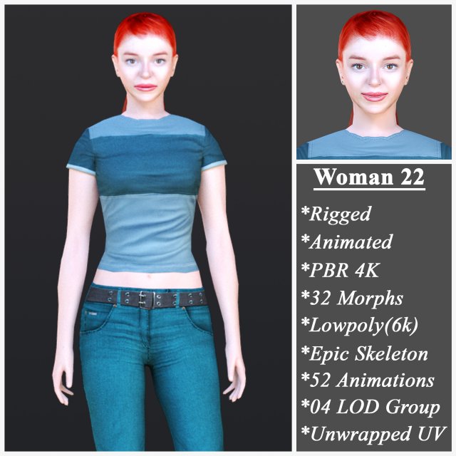 Woman 22 With 52 Animations 32 Morphs 3D Model .c4d .max .obj .3ds .fbx .stl .blend 
