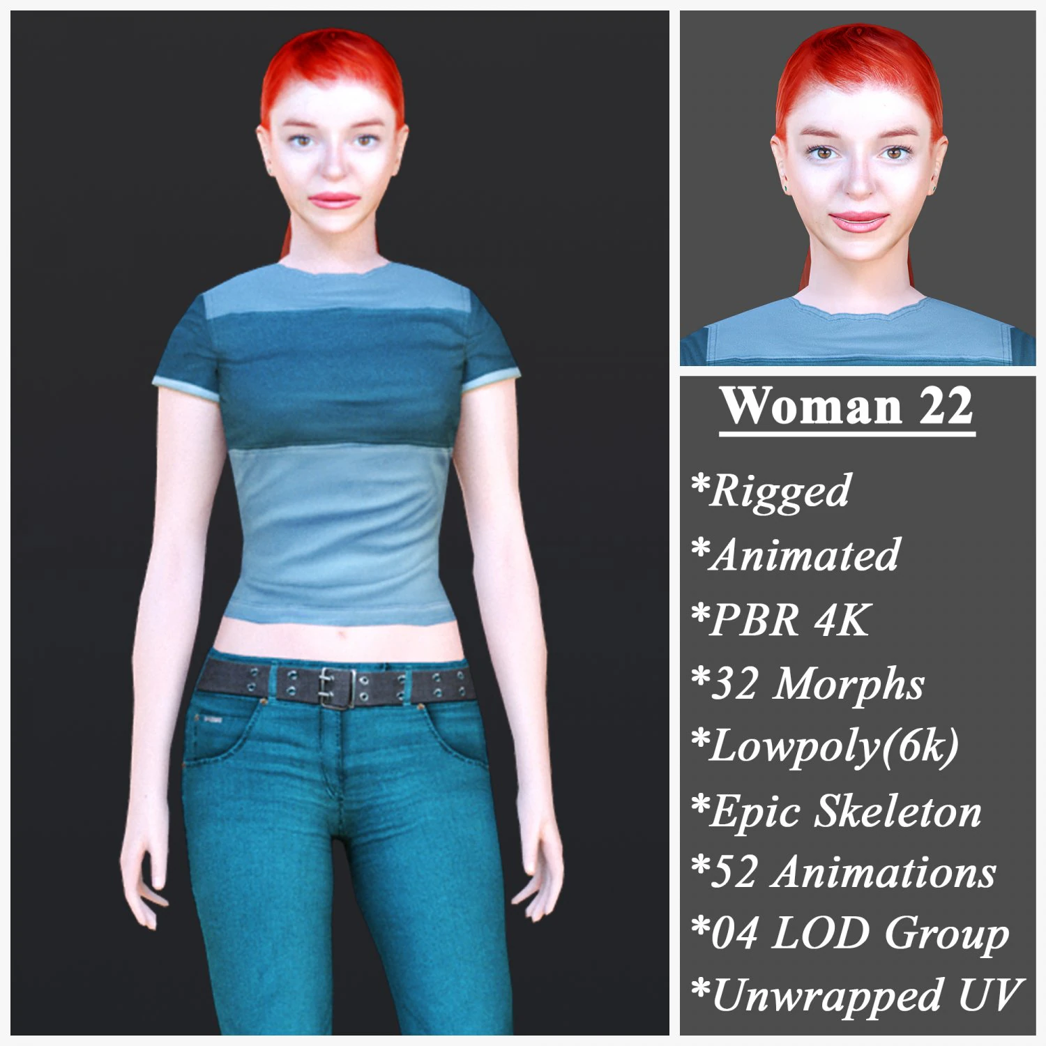 Woman 22 With 52 Animations 32 Morphs 3D Model .c4d .max .obj .3ds .fbx .stl .blend 