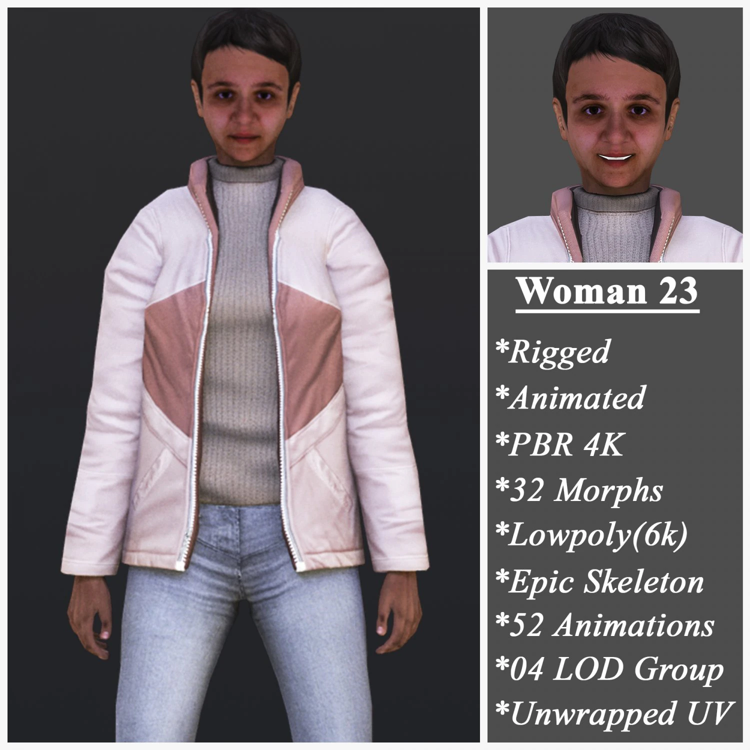 Woman 23 With 52 Animations 32 Morphs 3D Model .c4d .max .obj .3ds .fbx .stl .blend 