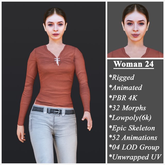 Woman 24 With 52 Animations 32 Morphs 3D-Modell .c4d .max .obj .3ds .fbx .stl .blend 