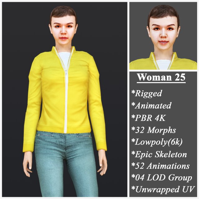 Woman 25 With 52 Animations 32 Morphs 3Dモデル .c4d .max .obj .3ds .fbx .stl .blend 