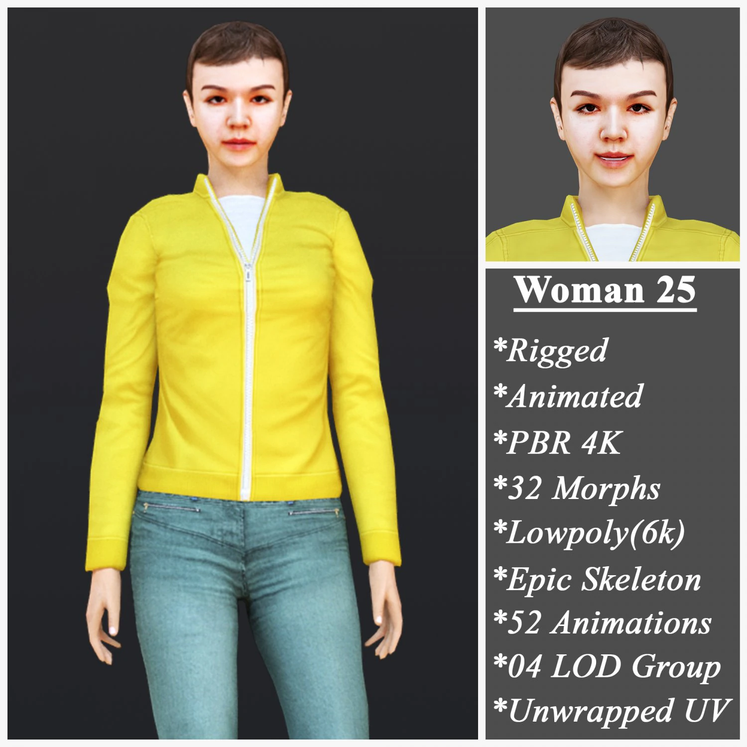 Woman 25 With 52 Animations 32 Morphs 3D Model .c4d .max .obj .3ds .fbx .stl .blend 