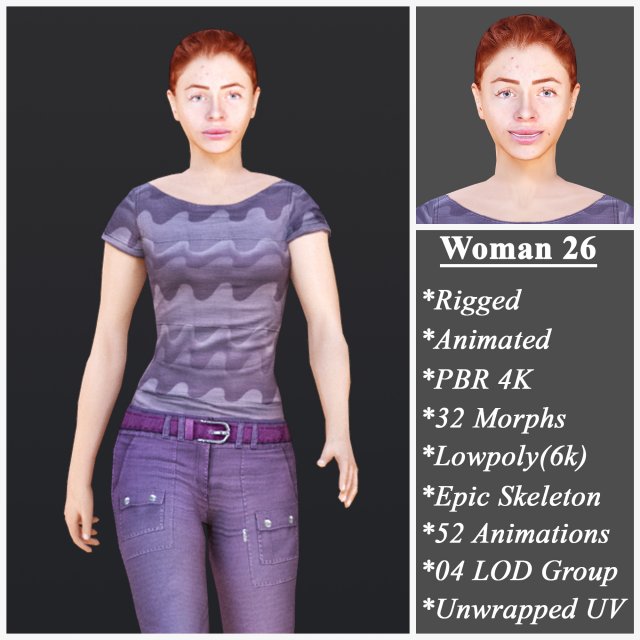 Woman 26 With 52 Animations 32 Morphs 3Dモデル .c4d .max .obj .3ds .fbx .stl .blend 