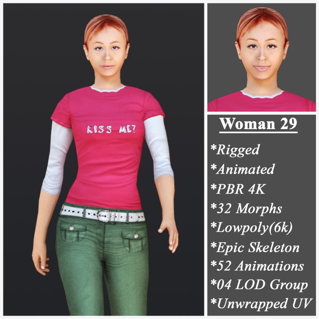 Woman 29 With 52 Animations 32 Morphs 3D Model .c4d .max .obj .3ds .fbx .stl .blend