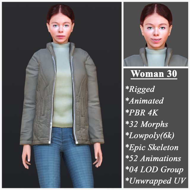 Woman 30 With 52 Animations 32 Morphs 3D Модель .c4d .max .obj .3ds .fbx .stl .blend 