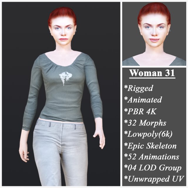 Woman 31 With 52 Animations 32 Morphs 3D 模型 .c4d .max .obj .3ds .fbx .stl .blend 