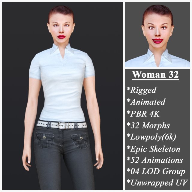 Woman 32 With 52 Animations 32 Morphs 3D 模型 .c4d .max .obj .3ds .fbx .stl .blend 