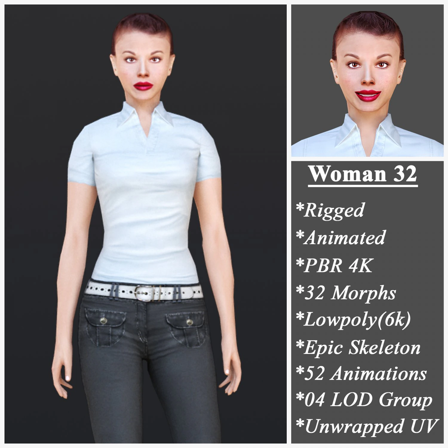 Woman 32 With 52 Animations 32 Morphs 3D Model .c4d .max .obj .3ds .fbx .stl .blend