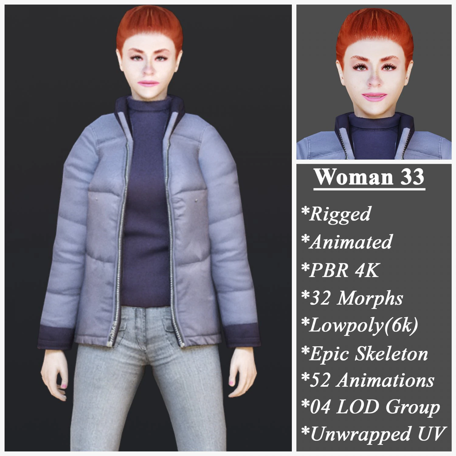 Woman 33 With 52 Animations 32 Morphs 3D Model .c4d .max .obj .3ds .fbx .stl .blend 