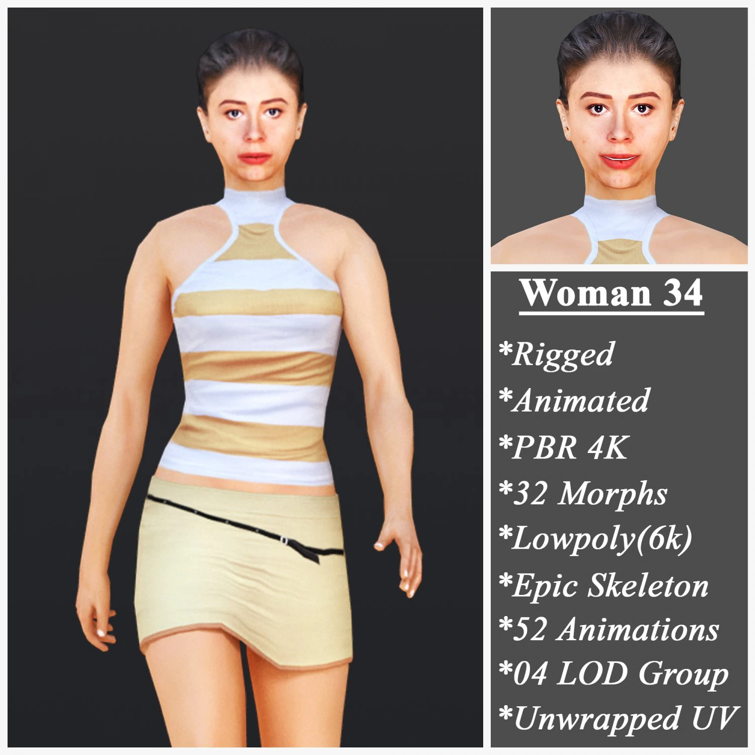 Woman 34 With 52 Animations 32 Morphs 3D Model .c4d .max .obj .3ds .fbx .stl .blend 