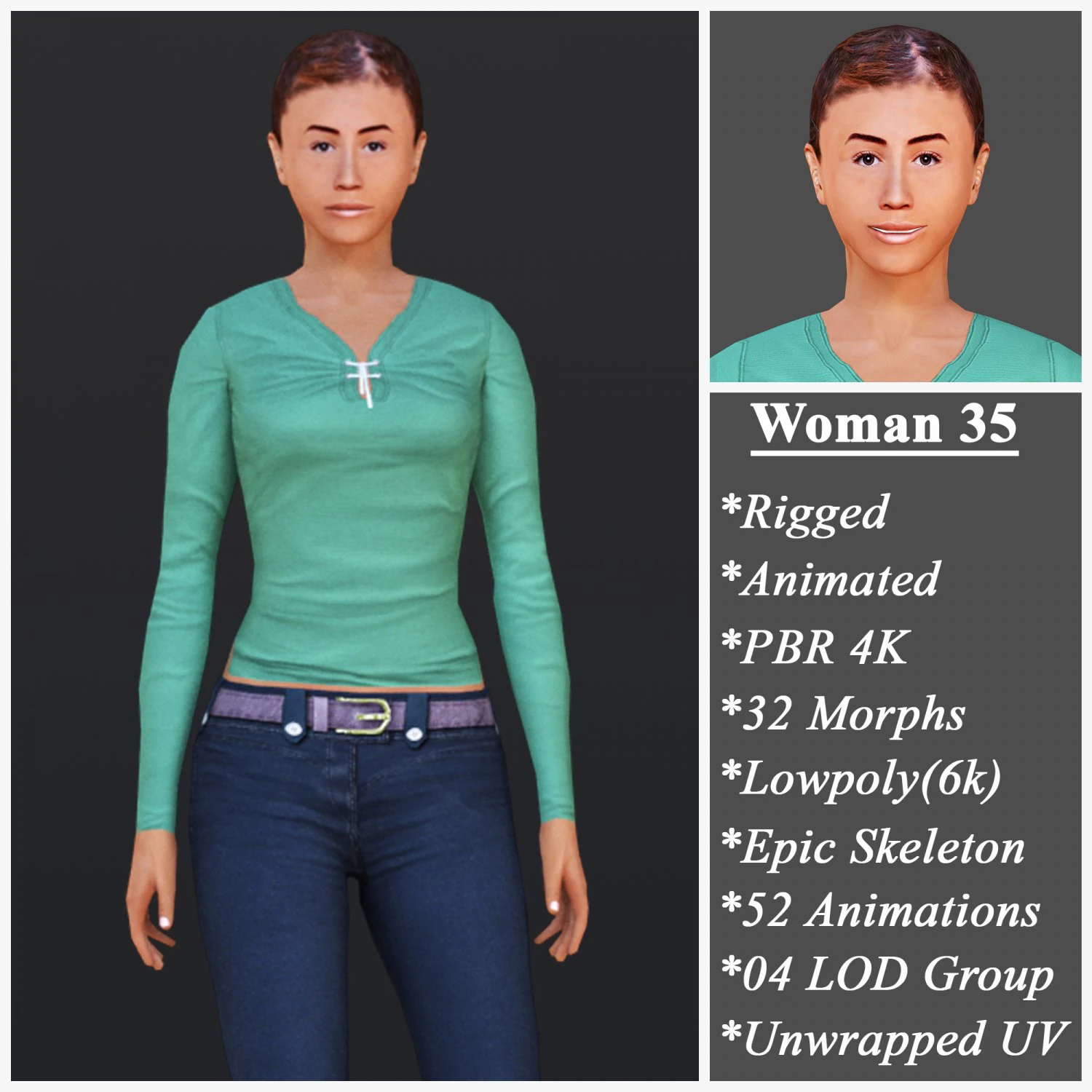 Woman 35 With 52 Animations 32 Morphs 3D Model .c4d .max .obj .3ds .fbx .stl .blend