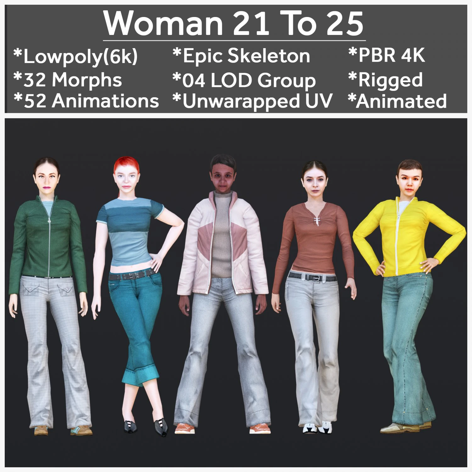 Woman 21 To 25 With 52 Animations 32 Morphs 3D Model .c4d .max .obj .3ds .fbx .stl .blend 