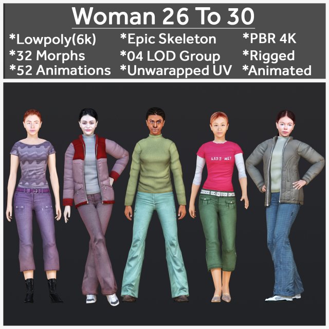 Woman 26 To 30 With 52 Animations 32 Morphs 3D 模型 .c4d .max .obj .3ds .fbx .stl .blend 