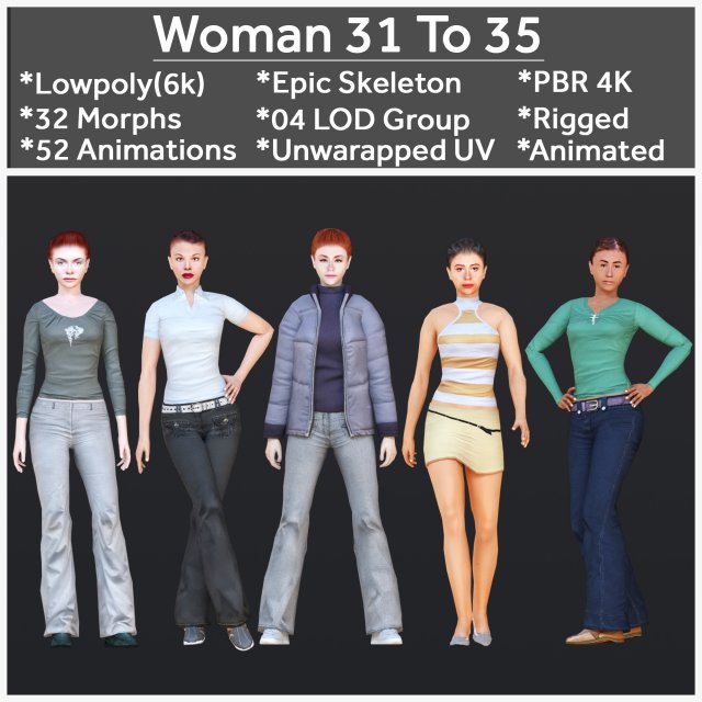 Woman 31 To 35 With 52 Animations 32 Morphs 3D-Modell .c4d .max .obj .3ds .fbx .stl .blend 