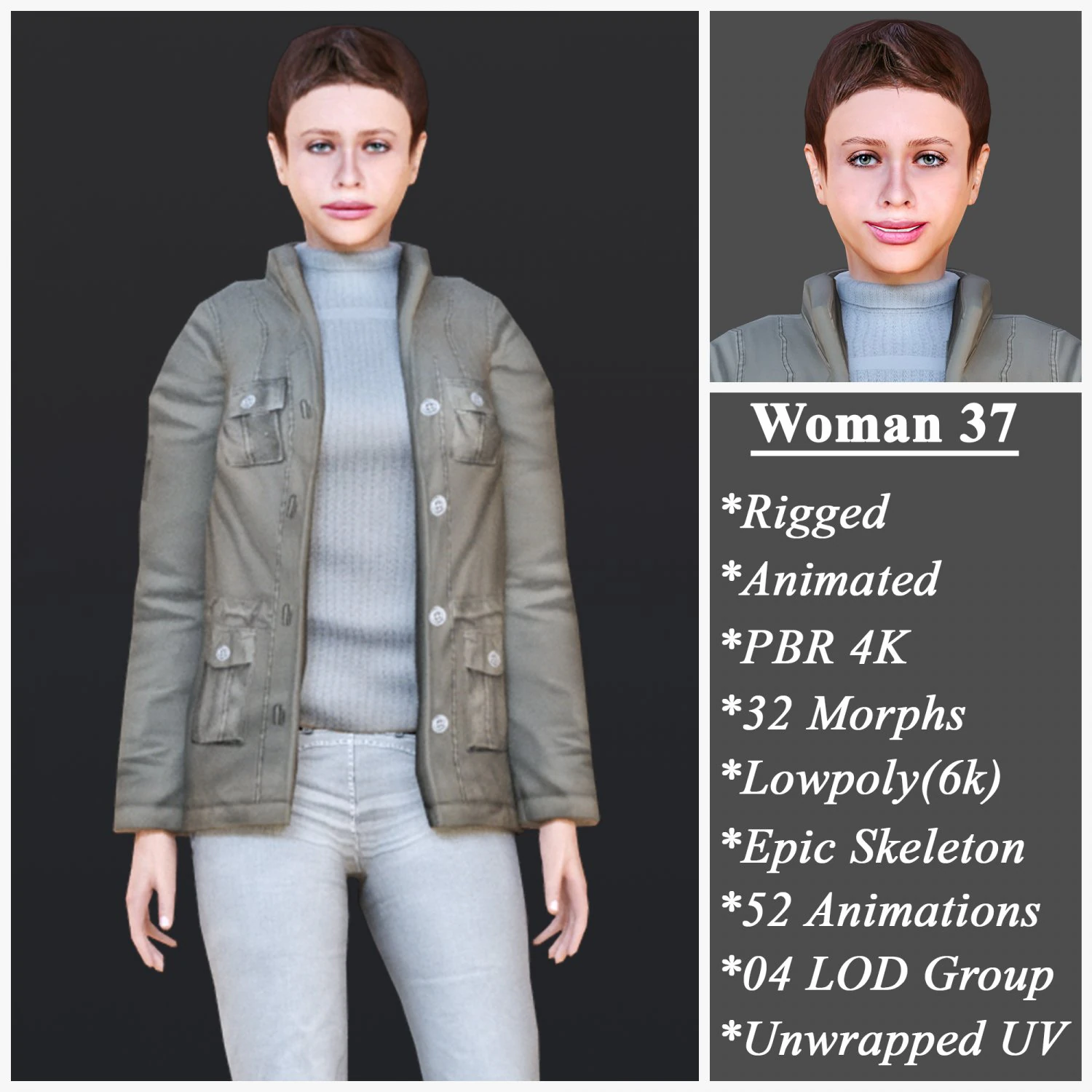 Woman 37 With 52 Animations 32 Morphs 3D Model .c4d .max .obj .3ds .fbx .stl .blend 