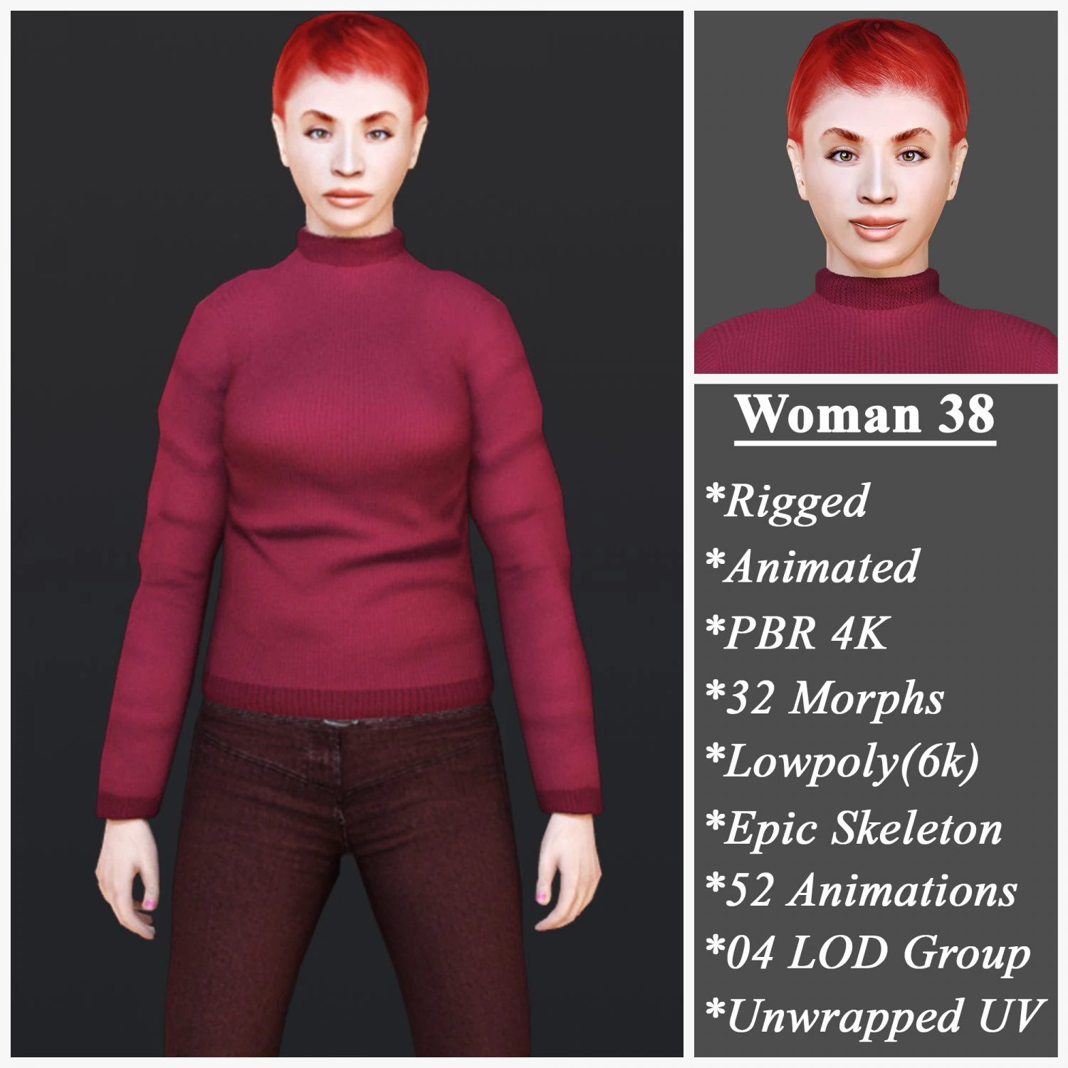 Woman 38 With 52 Animations 32 Morphs 3D Model .c4d .max .obj .3ds .fbx .stl .blend 