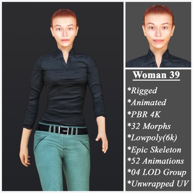 Woman 39 With 52 Animations 32 Morphs 3D Model .c4d .max .obj .3ds .fbx .stl .blend 