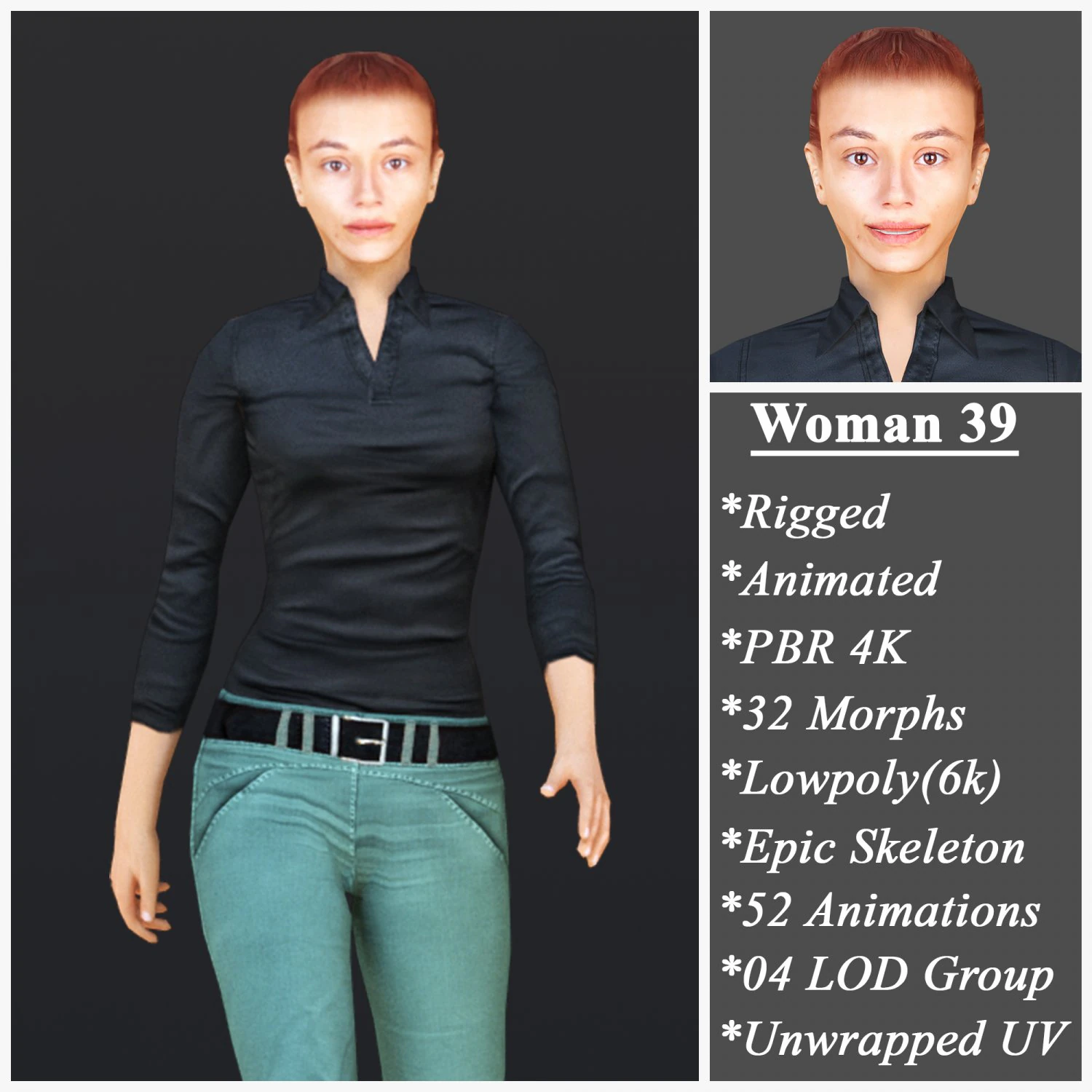 Woman 39 With 52 Animations 32 Morphs 3D Model .c4d .max .obj .3ds .fbx .stl .blend 