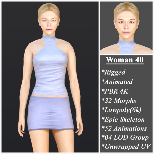 Woman 40 With 52 Animations 32 Morphs Model 3D .c4d .max .obj .3ds .fbx .stl .blend 