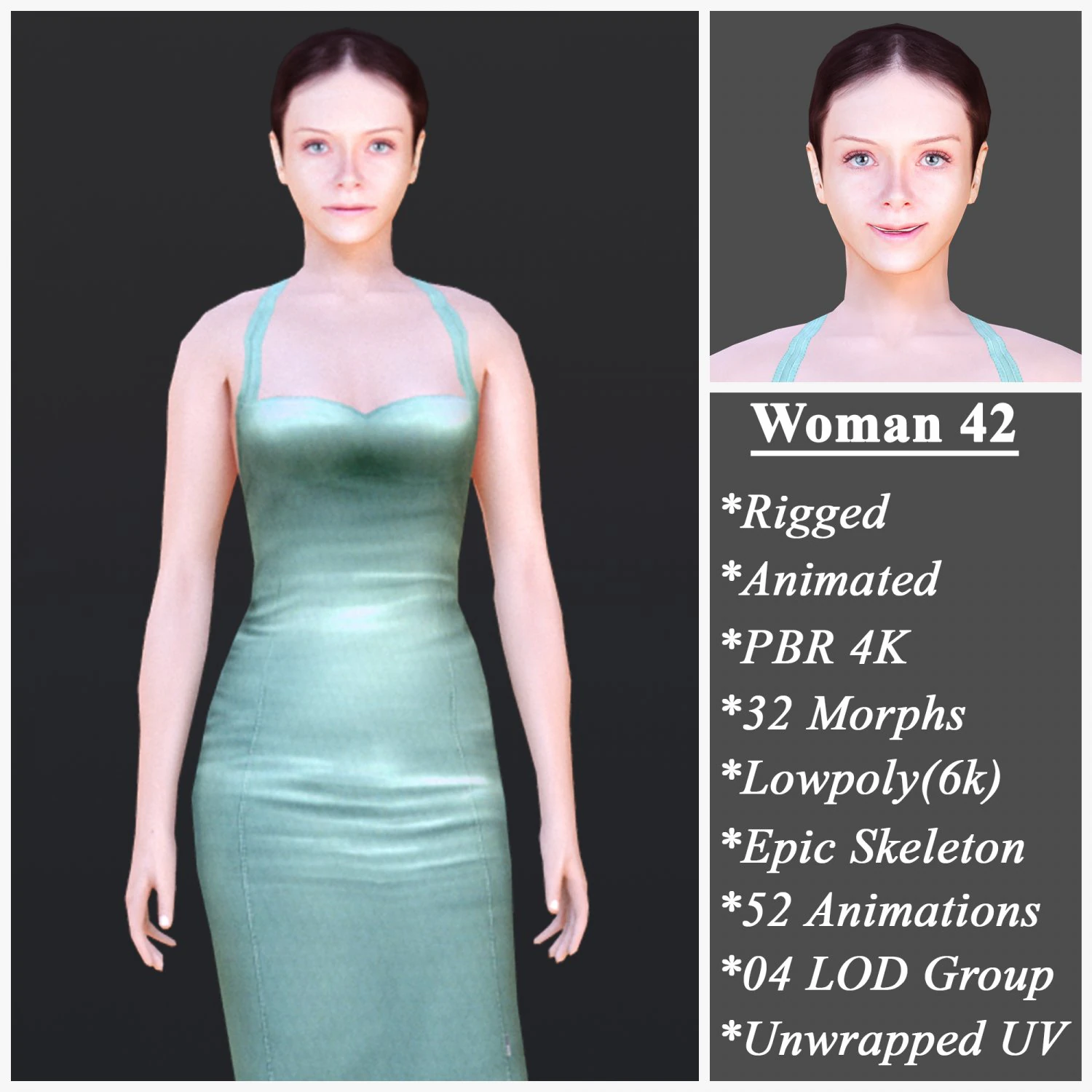 Woman 42 With 52 Animations 32 Morphs 3D Model .c4d .max .obj .3ds .fbx .stl .blend 