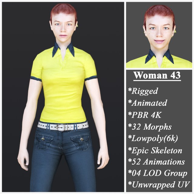 Woman 43 With 52 Animations 32 Morphs 3D Model .c4d .max .obj .3ds .fbx .stl .blend 