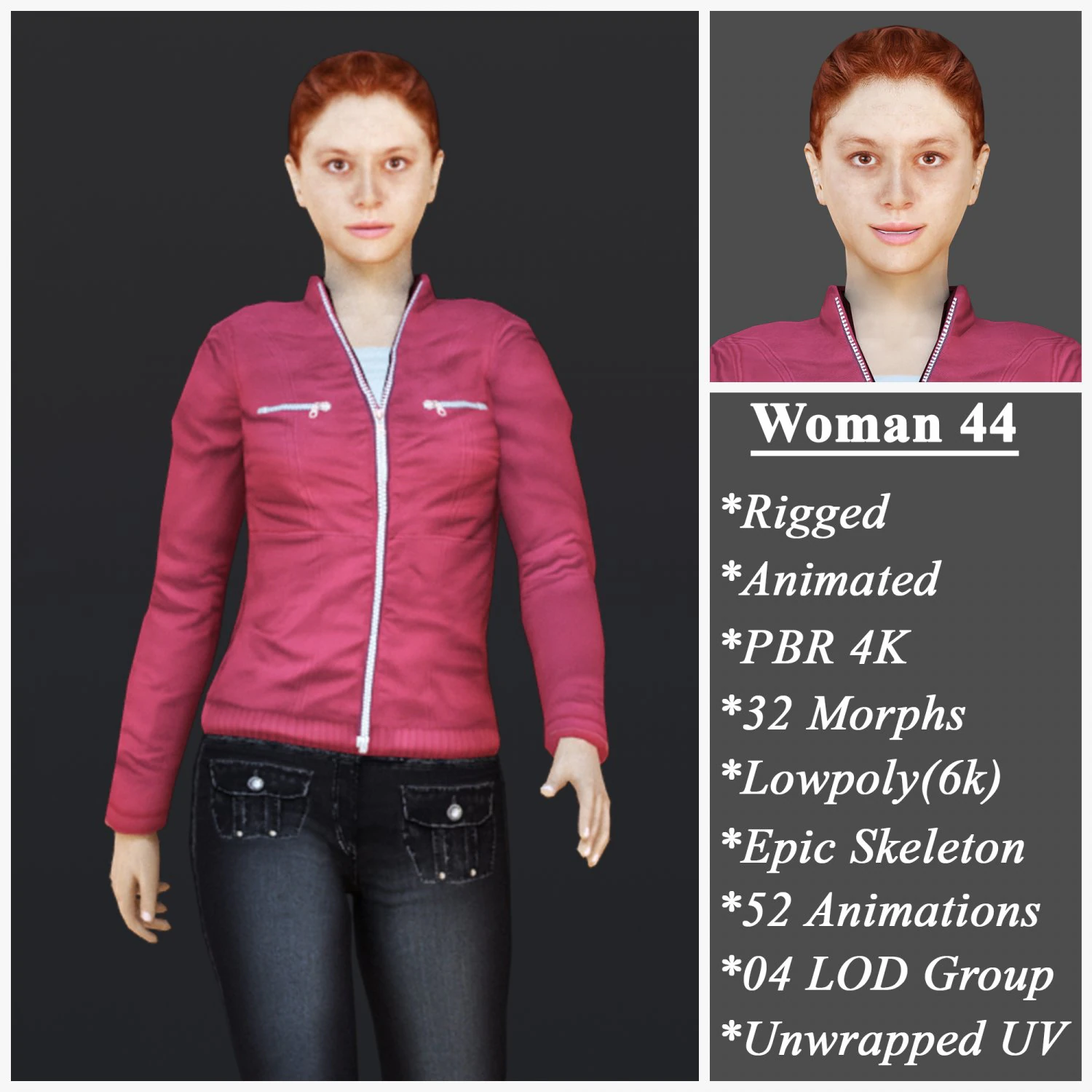 Woman 44 With 52 Animations 32 Morphs 3D Model .c4d .max .obj .3ds .fbx .stl .blend 
