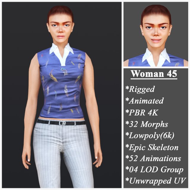 Woman 45 With 52 Animations 32 Morphs Model 3D .c4d .max .obj .3ds .fbx .stl .blend 