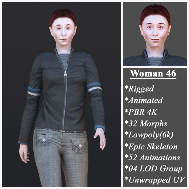 Woman 46 With 52 Animations 32 Morphs Model 3D .c4d .max .obj .3ds .fbx .stl .blend 