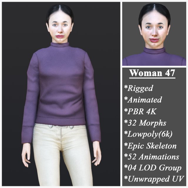 Woman 47 With 52 Animations 32 Morphs 3D Model .c4d .max .obj .3ds .fbx .stl .blend 