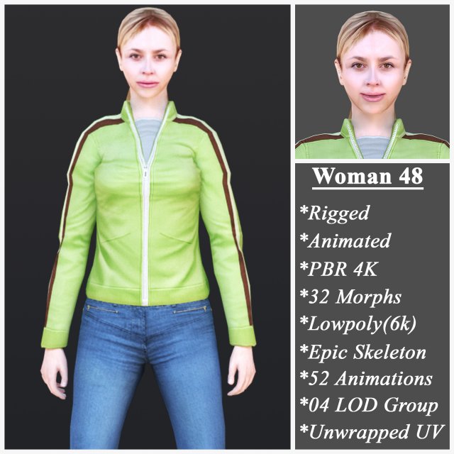 Woman 48 With 52 Animations 32 Morphs 3D 模型 .c4d .max .obj .3ds .fbx .stl .blend 
