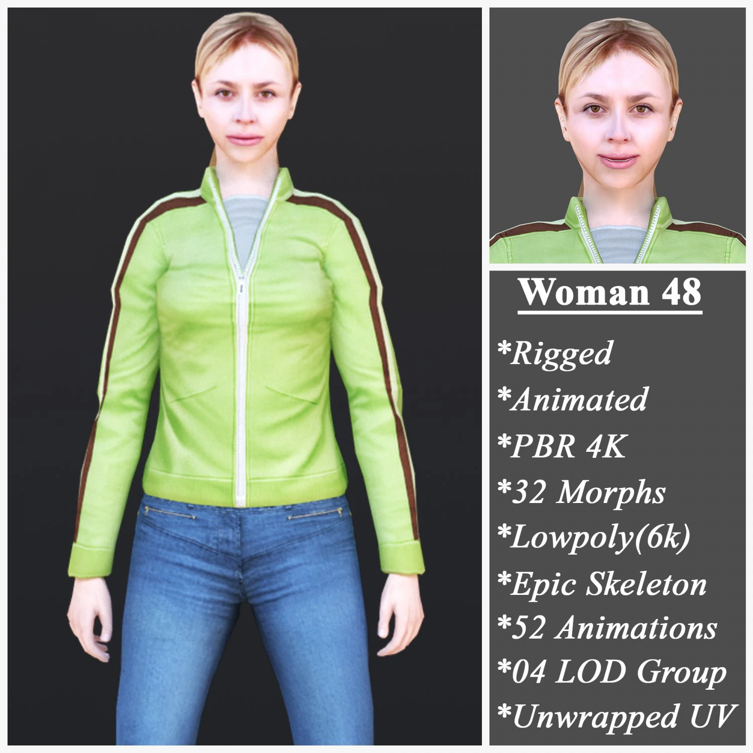 Woman 48 With 52 Animations 32 Morphs 3D Model .c4d .max .obj .3ds .fbx .stl .blend 