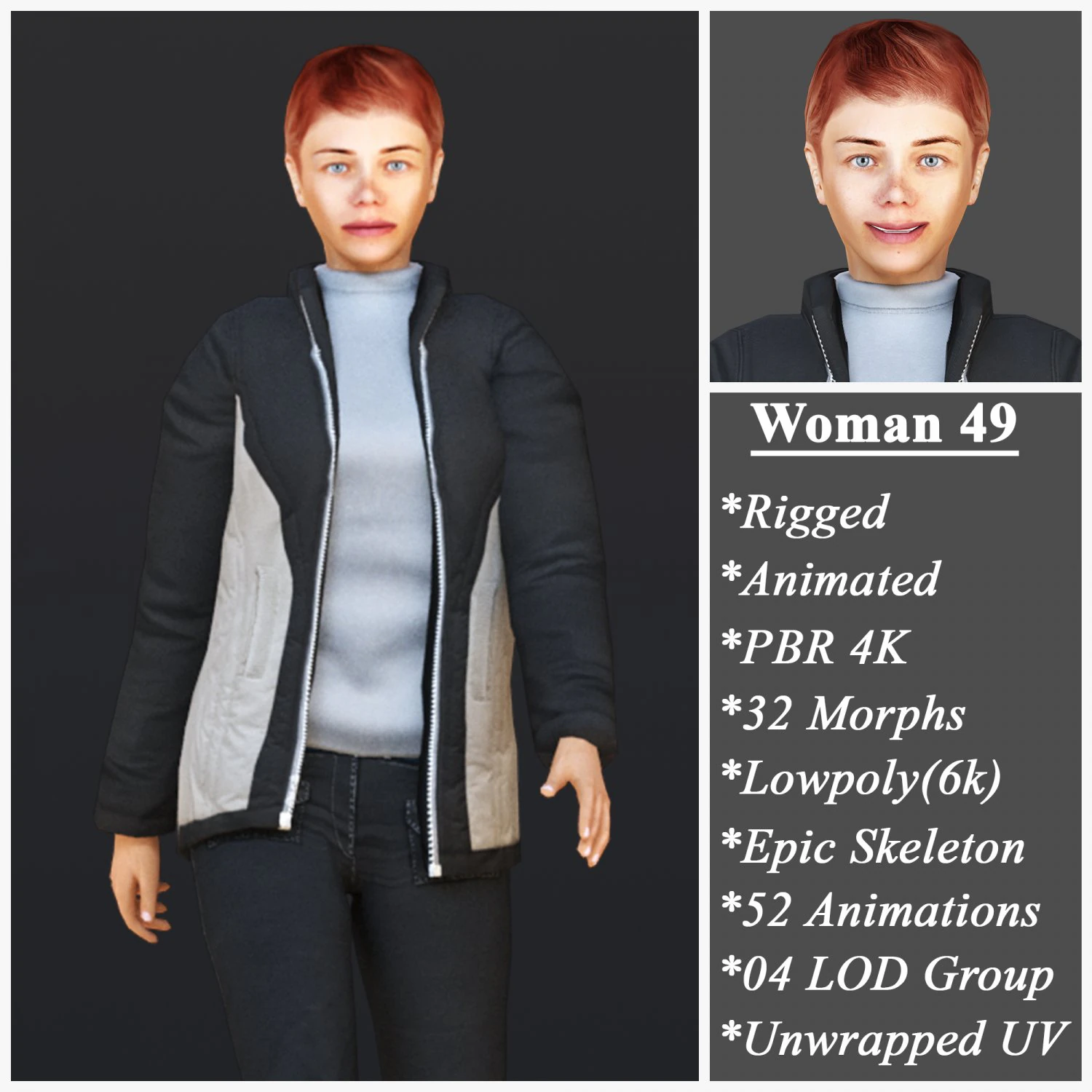 Woman 49 With 52 Animations 32 Morphs 3D Model .c4d .max .obj .3ds .fbx .stl .blend 