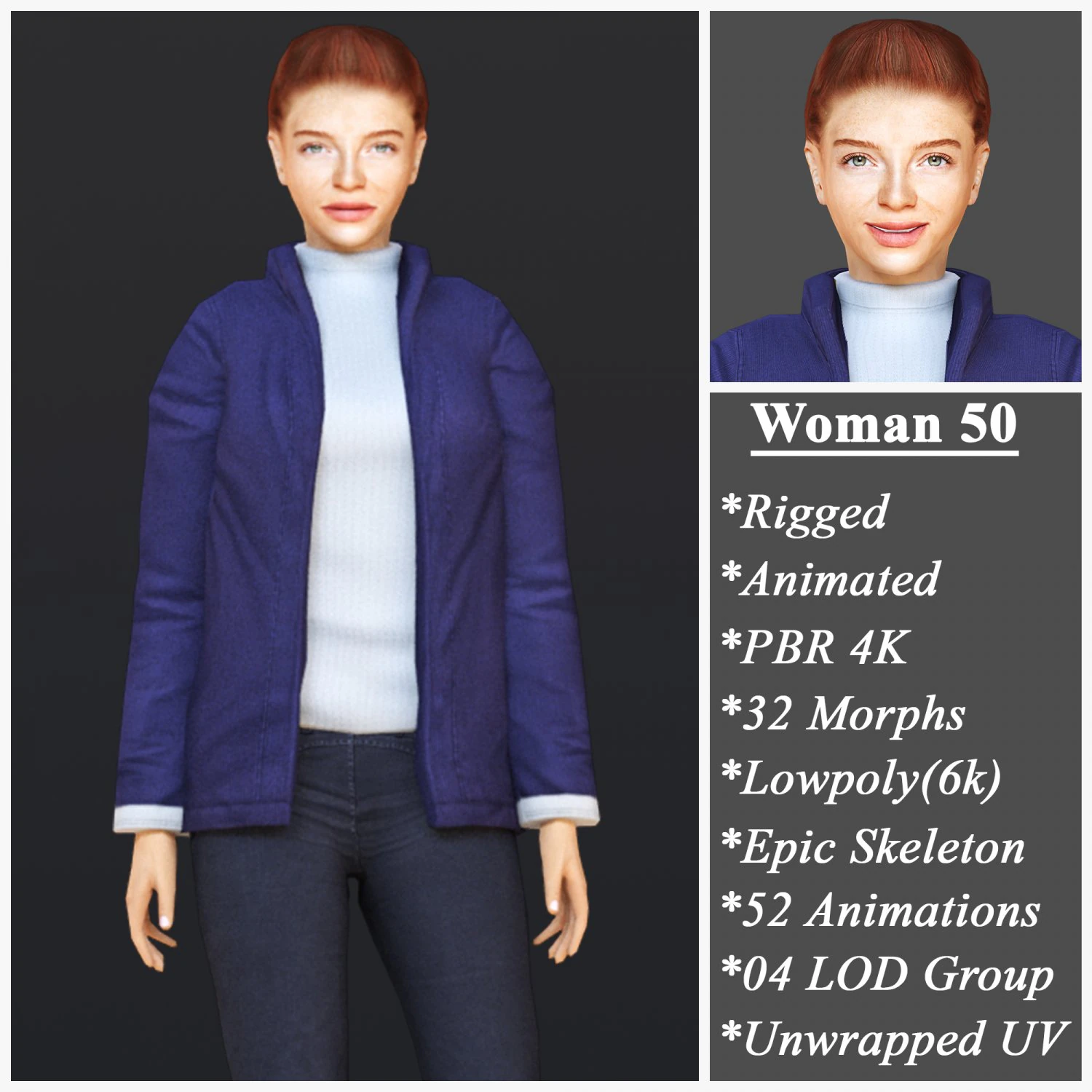 Woman 50 With 52 Animations 32 Morphs 3D Model .c4d .max .obj .3ds .fbx .stl .blend 