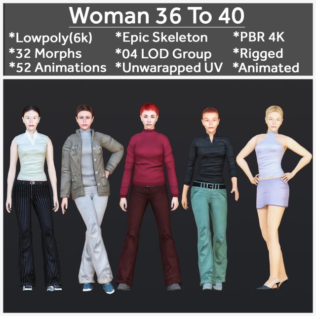 Woman 36 To 40 With 52 Animations 32 Morphs 3D Model .c4d .max .obj .3ds .fbx .stl .blend 