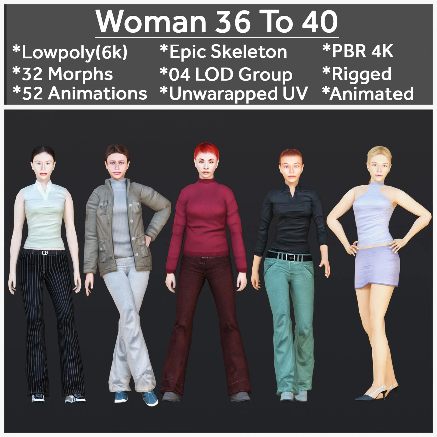 Woman 36 To 40 With 52 Animations 32 Morphs 3D Model .c4d .max .obj .3ds .fbx .stl .blend 