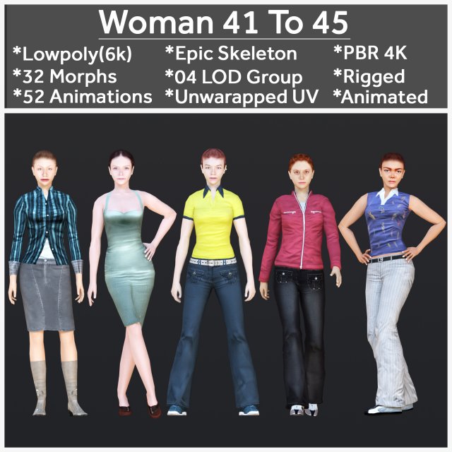 Woman 41 To 45 With 52 Animations 32 Morphs 3D 模型 .c4d .max .obj .3ds .fbx .stl .blend 