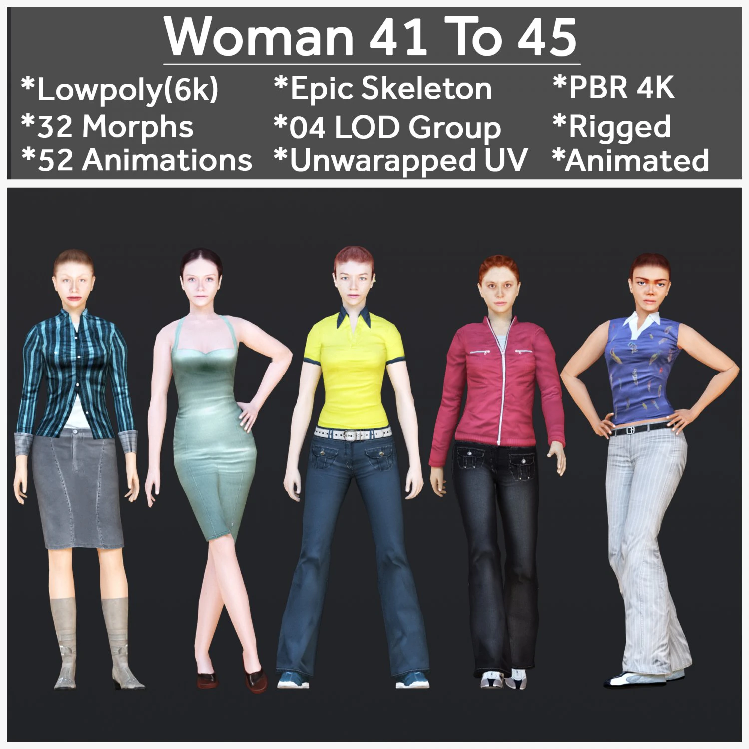 Woman 41 To 45 With 52 Animations 32 Morphs 3D Model .c4d .max .obj .3ds .fbx .stl .blend 