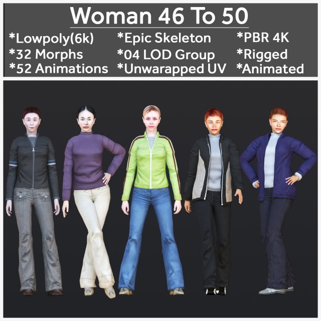 Woman 46 To 50 With 52 Animations 32 Morphs Model 3D .c4d .max .obj .3ds .fbx .stl .blend 
