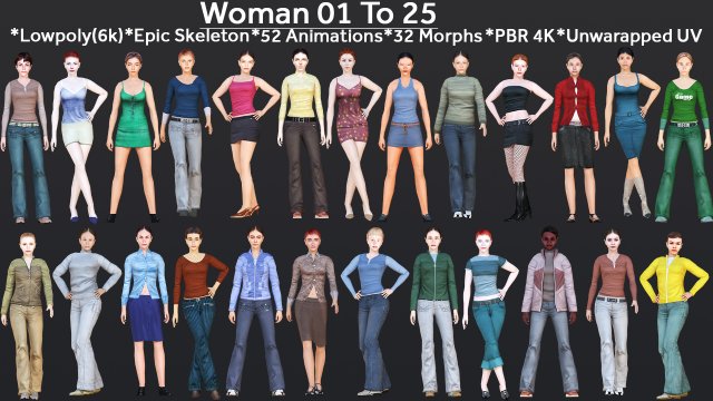 Woman 1 To 25 With 52 Animations 32 Morphs 3D मॉडल .c4d .max .obj .3ds .fbx .stl .blend 
