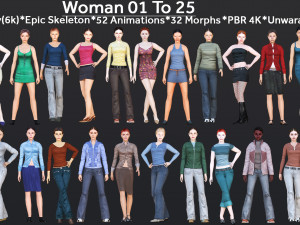 Woman 1 To 25 With 52 Animations 32 Morphs 3D 模型